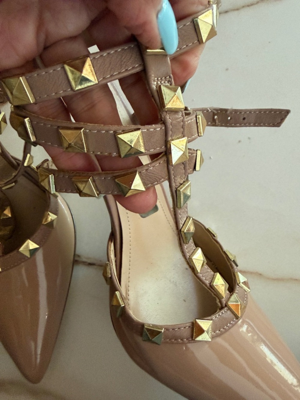 BCBGeneration Nude Patent T-Strap Pointed Stud Pumps - Picture 6 of 14